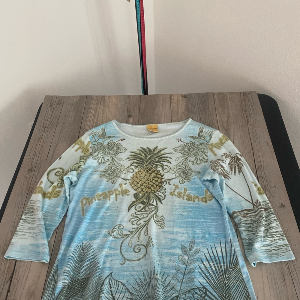Katina Marie Women’s 3/4 Sleeve Top Embellished Pineapple Islands Made In USA M